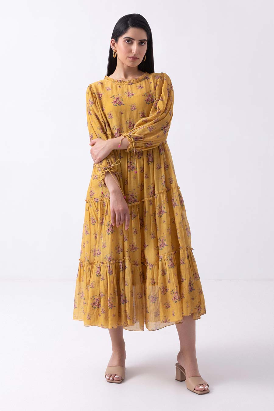 Yellow Rose Print Tiered Dress