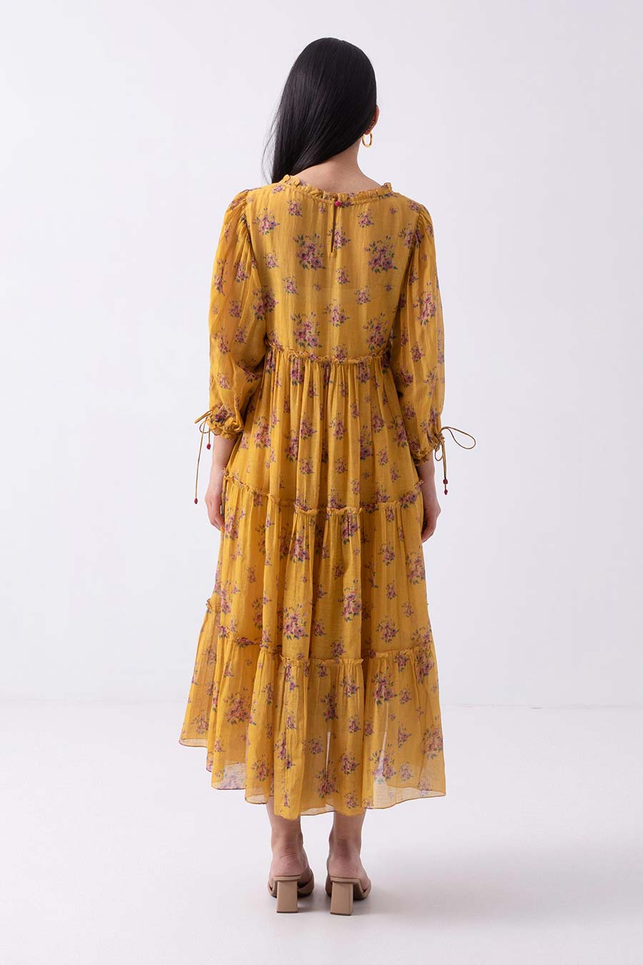 Yellow Rose Print Tiered Dress