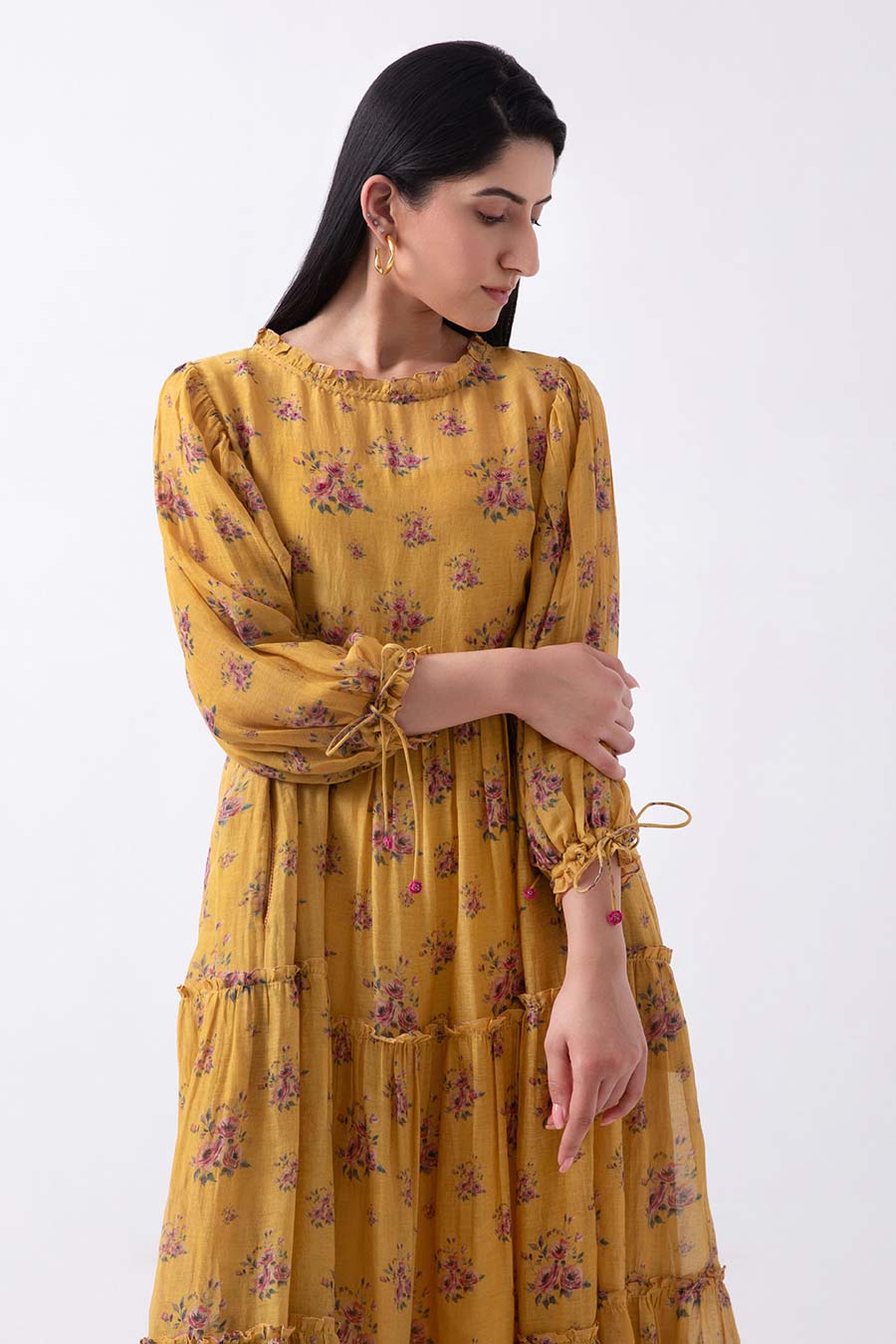 Yellow Rose Print Tiered Dress