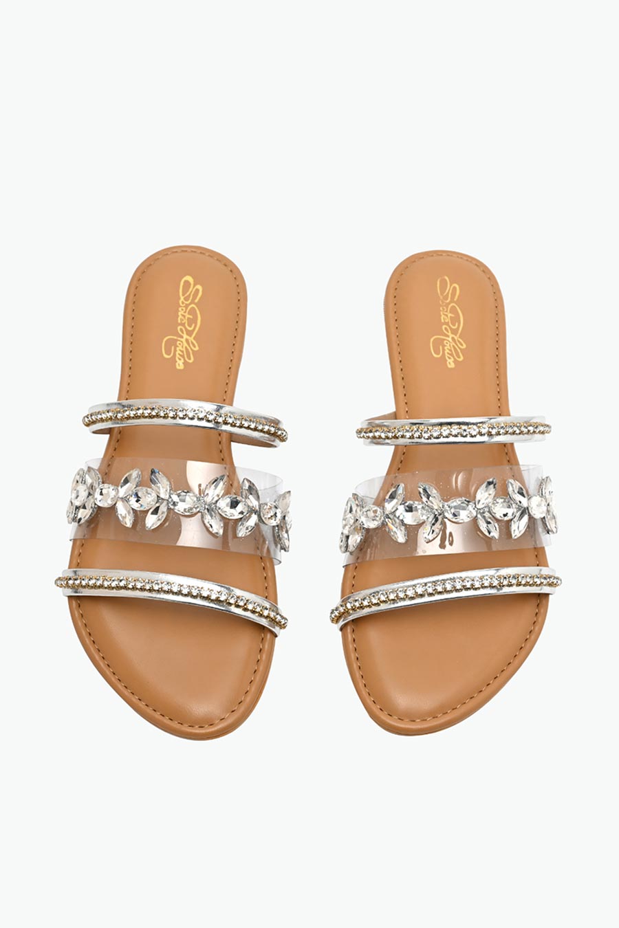 Silver Crystal Embellished Strappy Flats