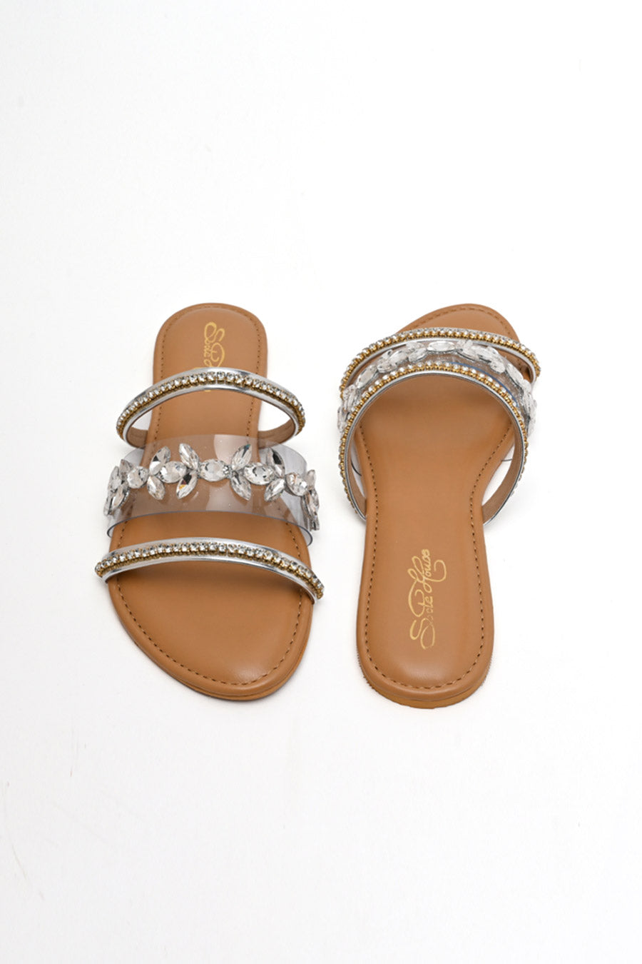 Silver Crystal Embellished Strappy Flats