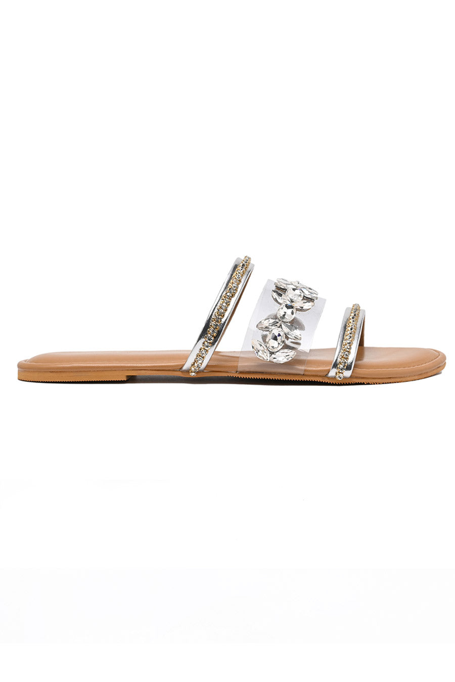 Silver Crystal Embellished Strappy Flats