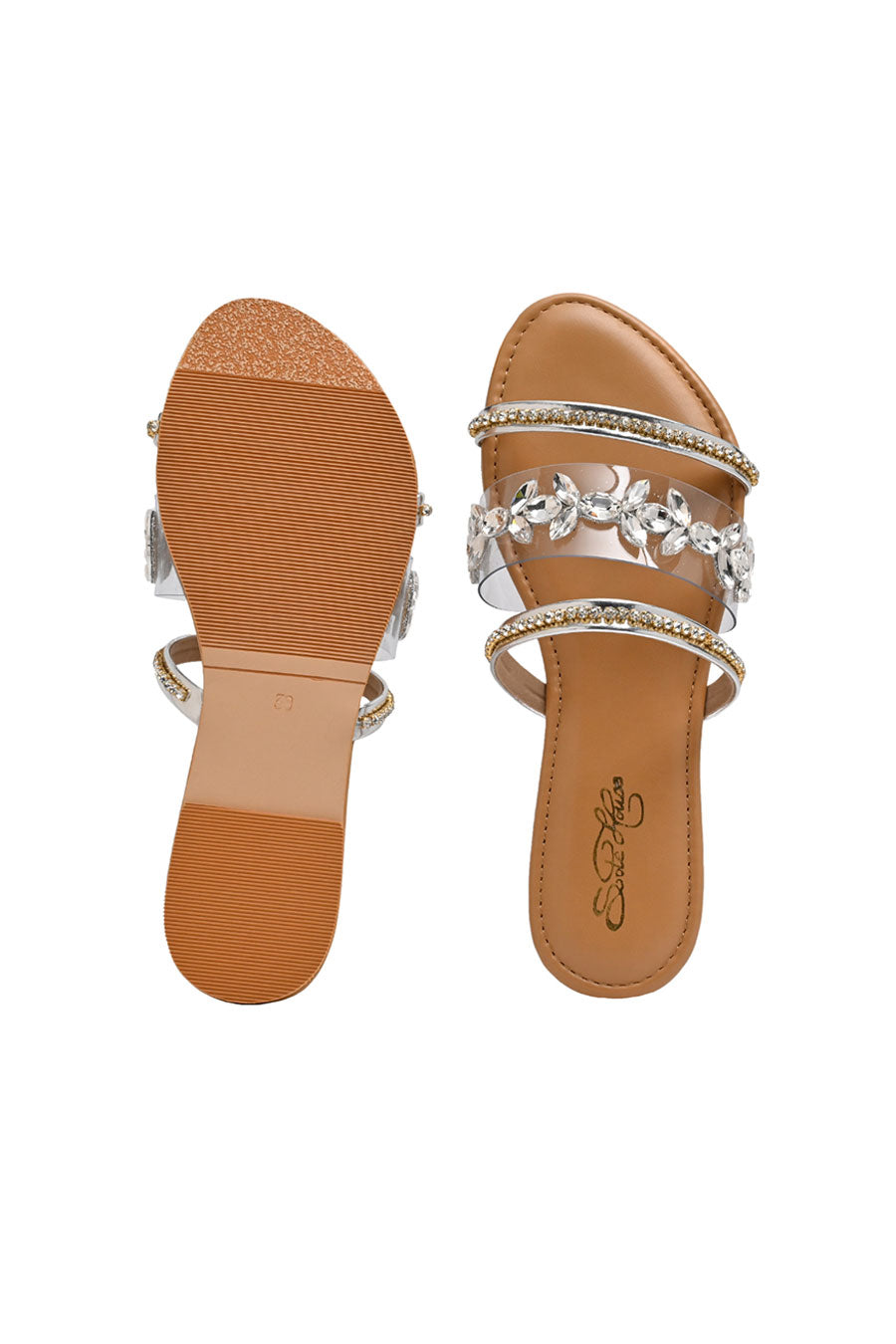 Silver Crystal Embellished Strappy Flats