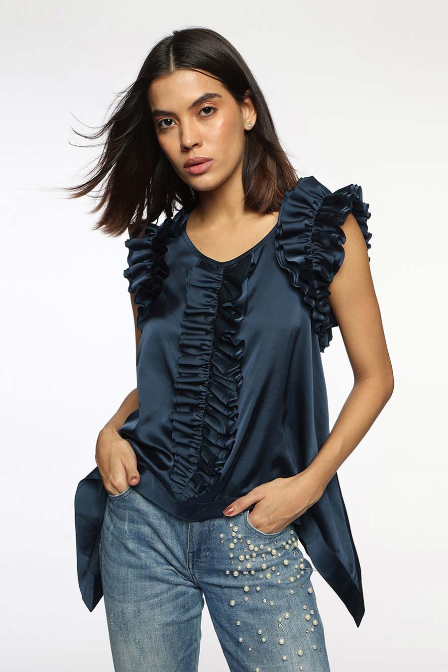 Dark Blue Butterfly Frilled Top