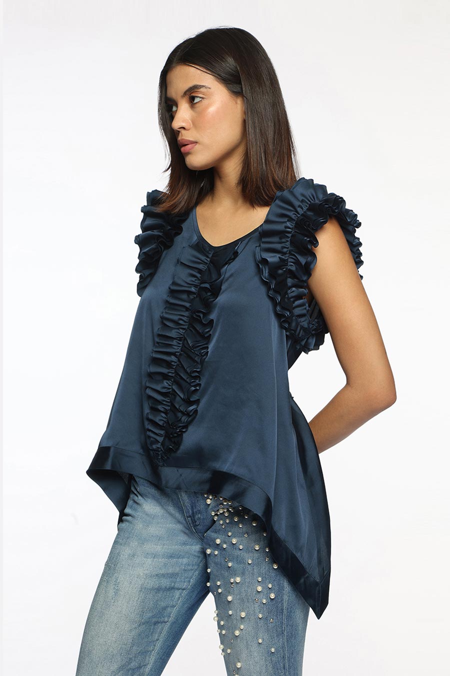 Dark Blue Butterfly Frilled Top