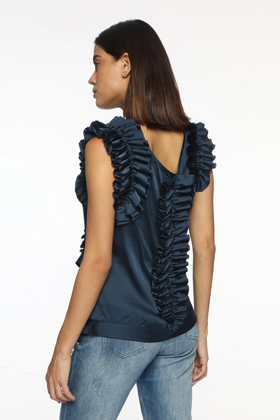 Dark Blue Butterfly Frilled Top