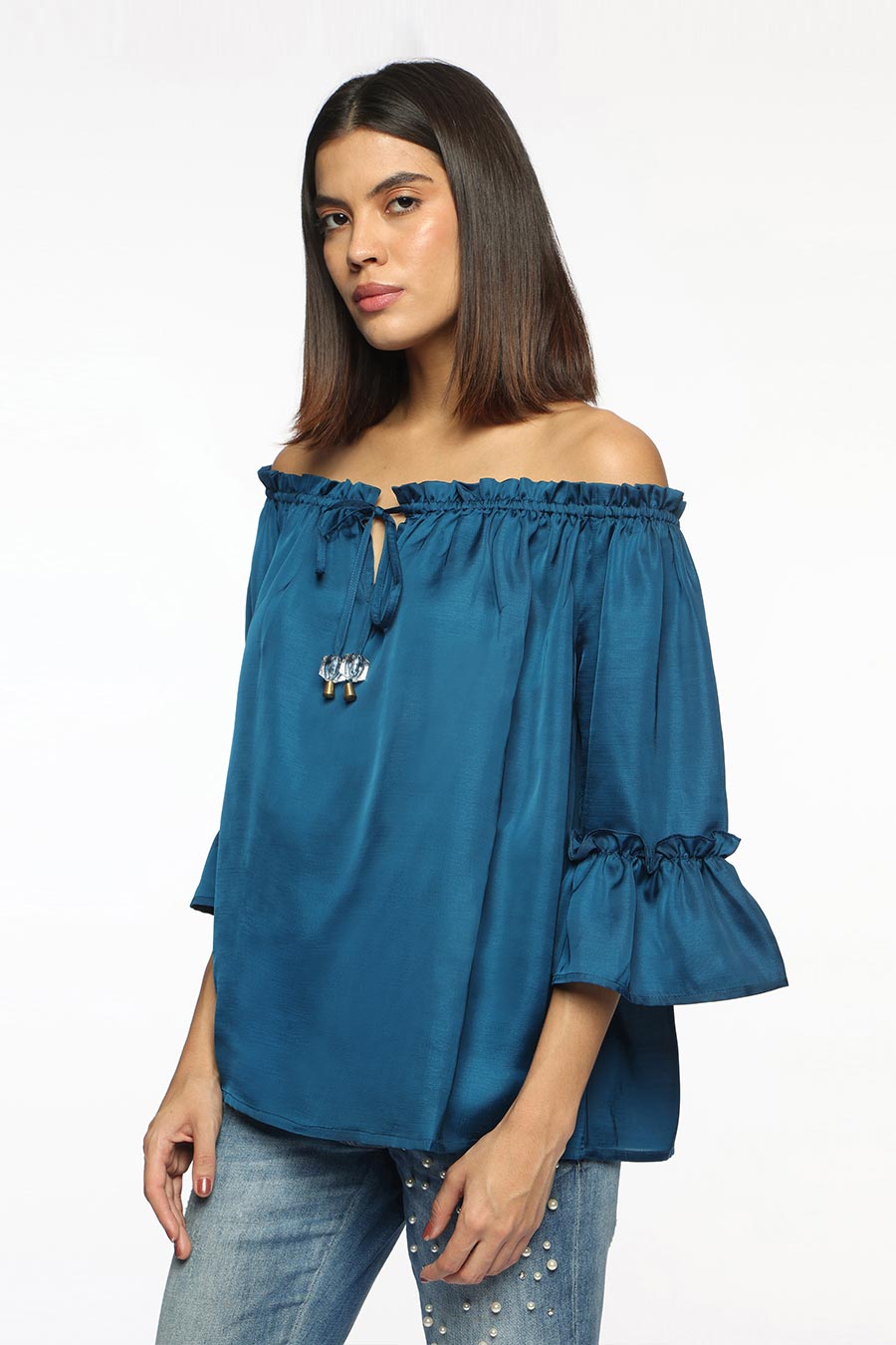 Blue Off-Shoulder Gathered Top