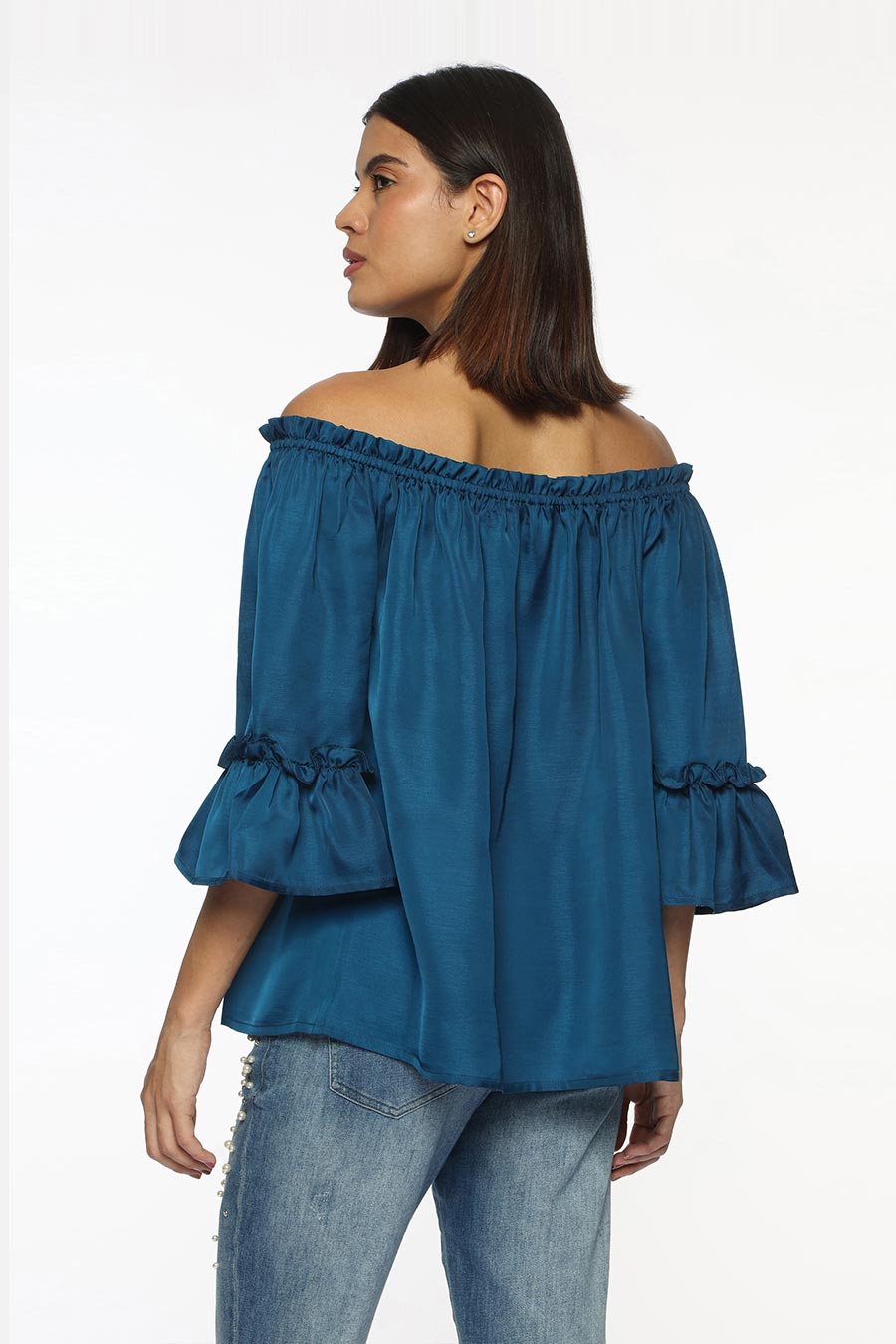 Blue Off-Shoulder Gathered Top