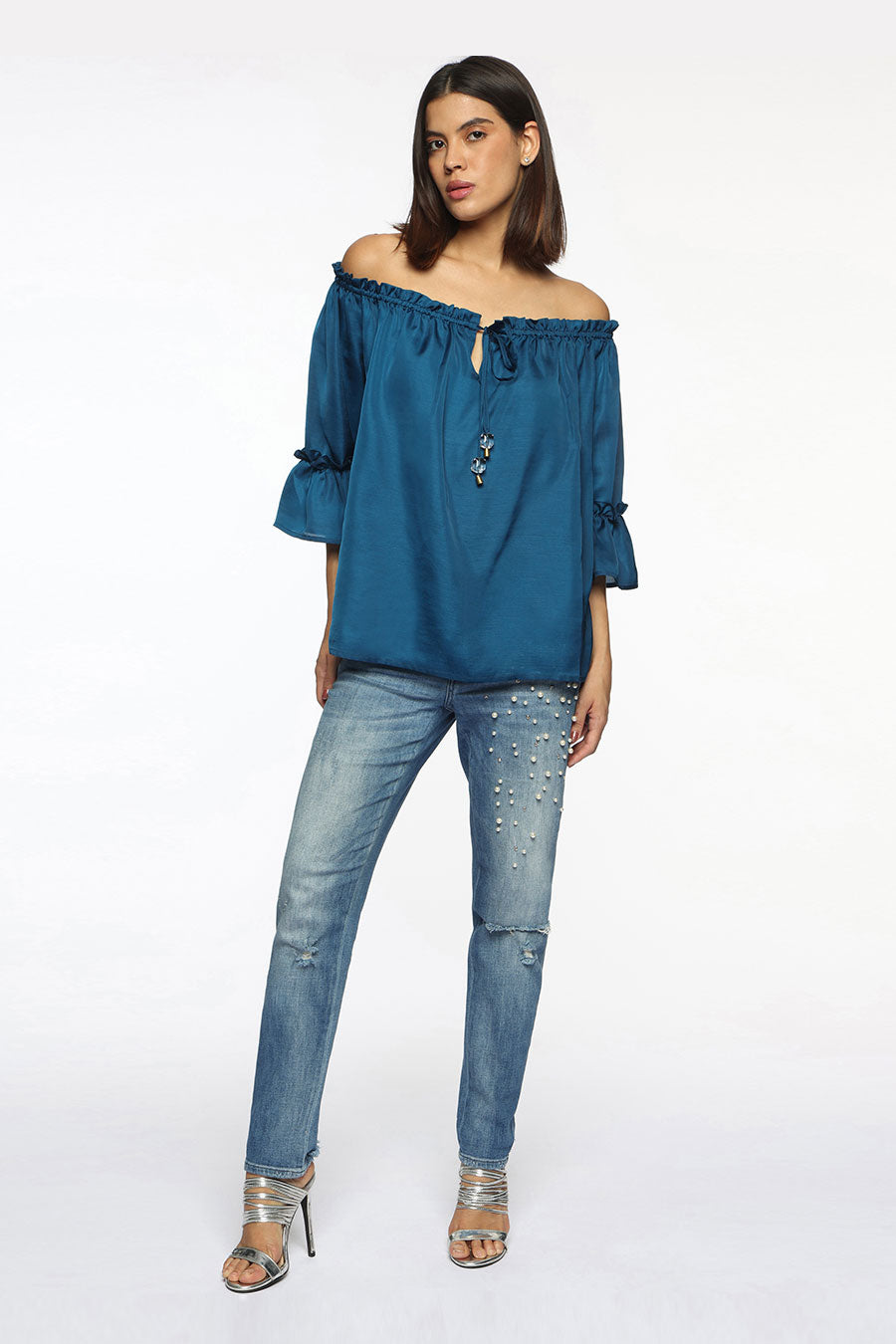 Blue Off-Shoulder Gathered Top