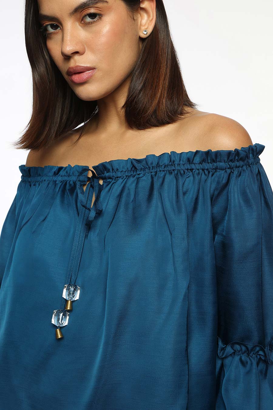 Blue Off-Shoulder Gathered Top