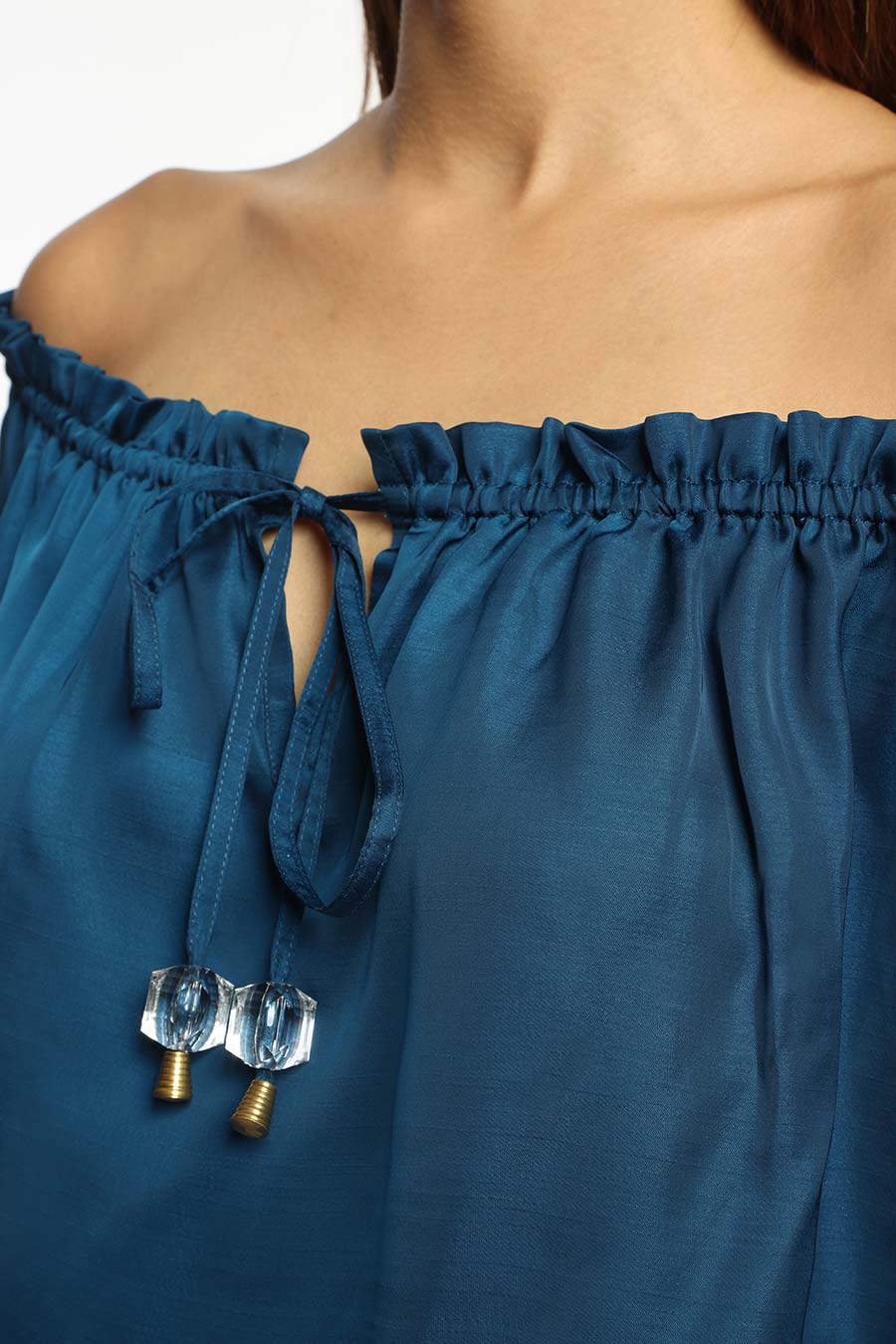 Blue Off-Shoulder Gathered Top