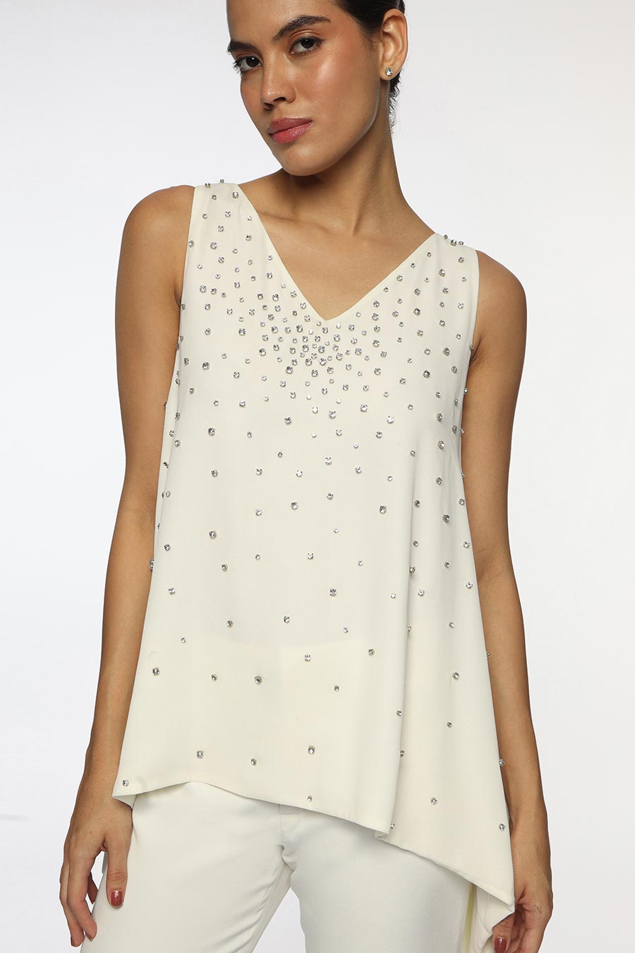 White Crystal Embellished Top