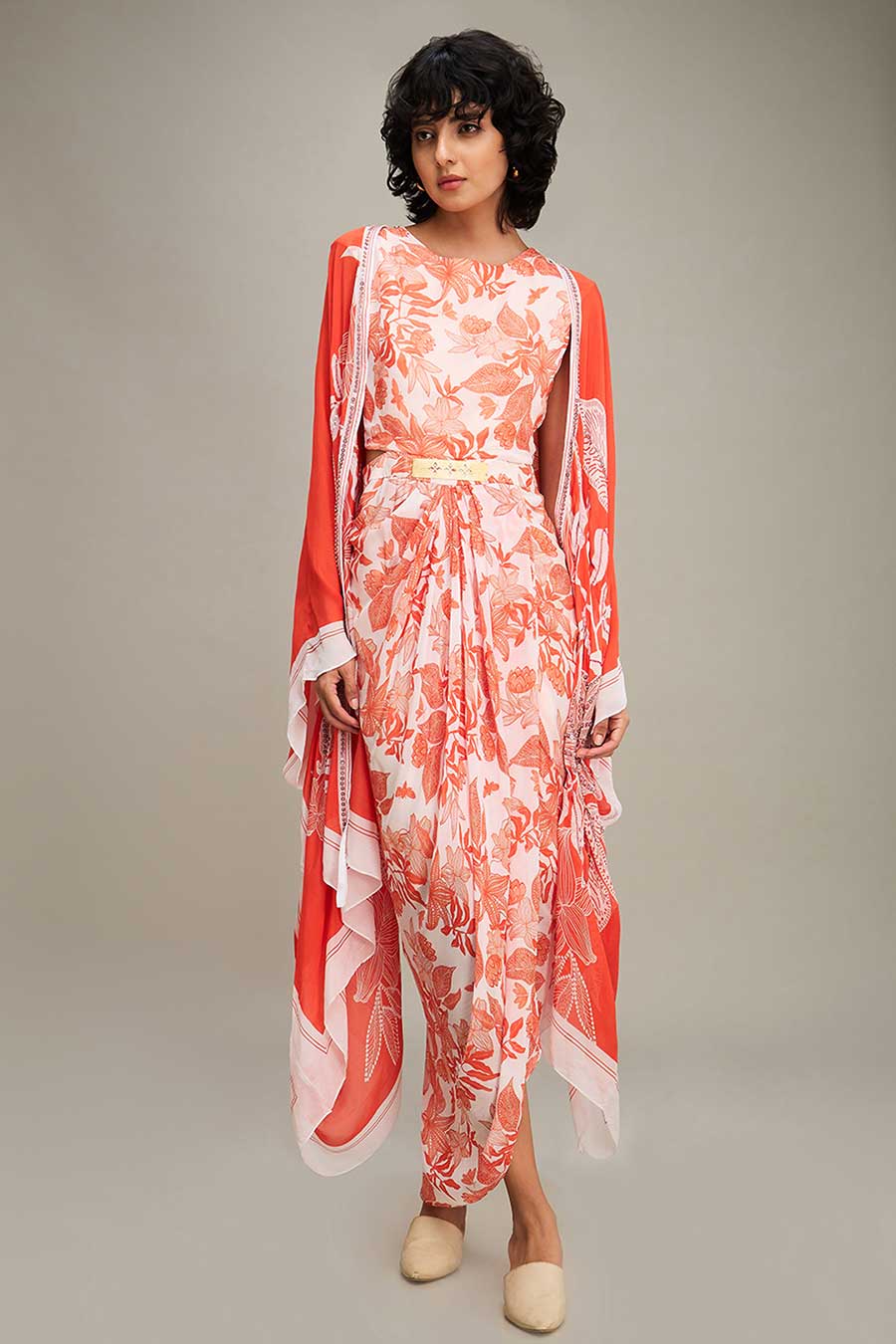 Red Ahyana Printed Drape Dress & Cape Set