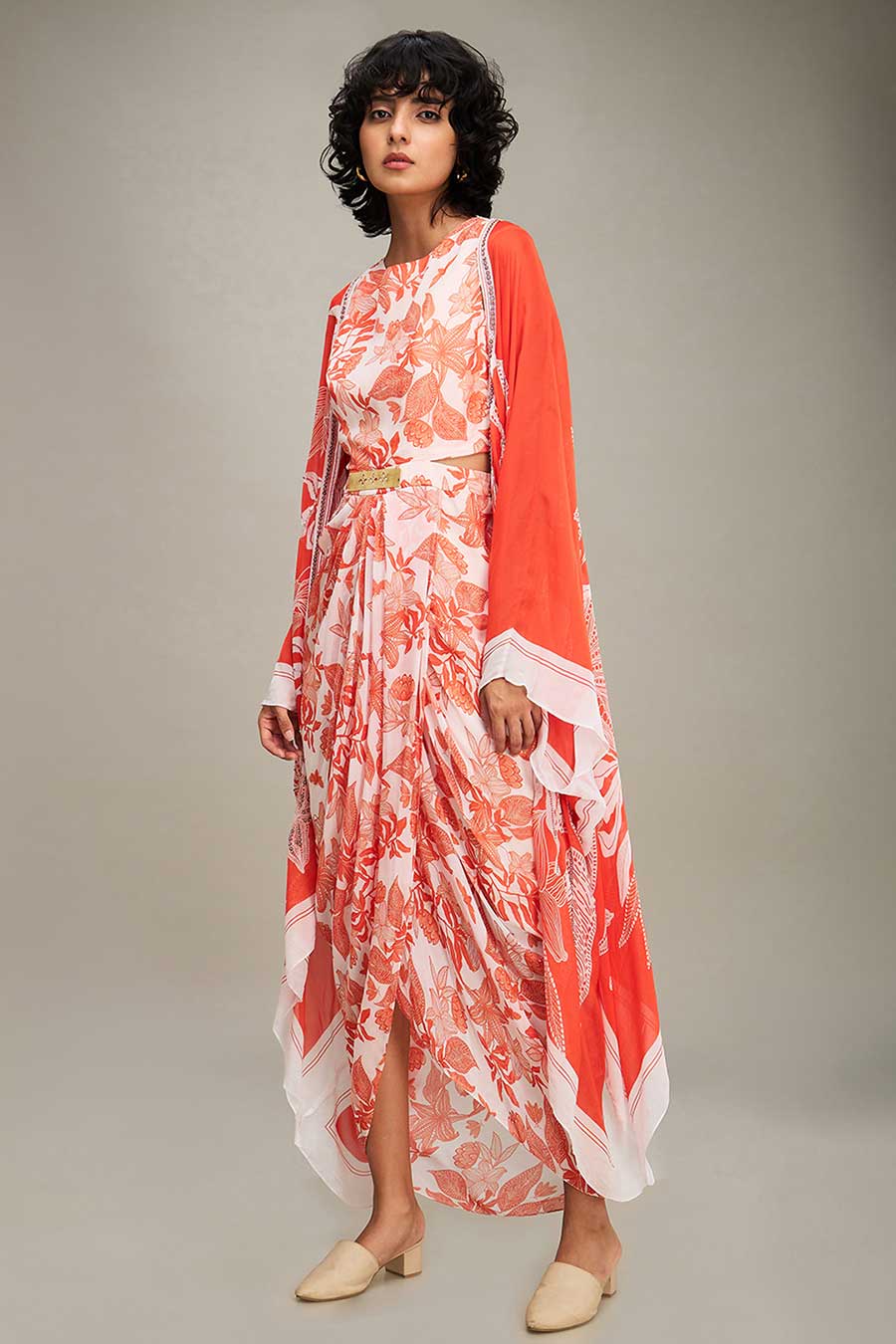 Red Ahyana Printed Drape Dress & Cape Set