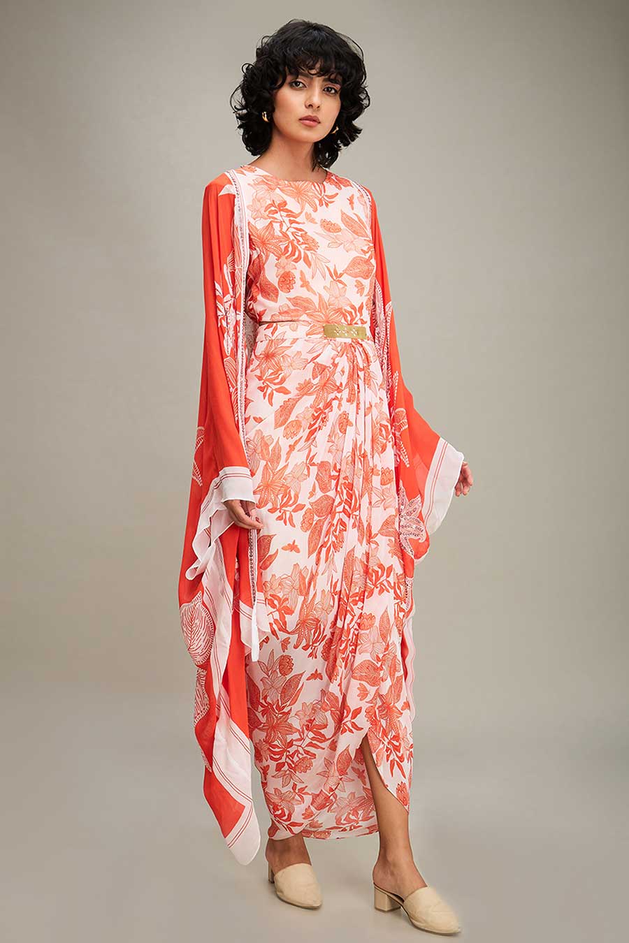 Red Ahyana Printed Drape Dress & Cape Set