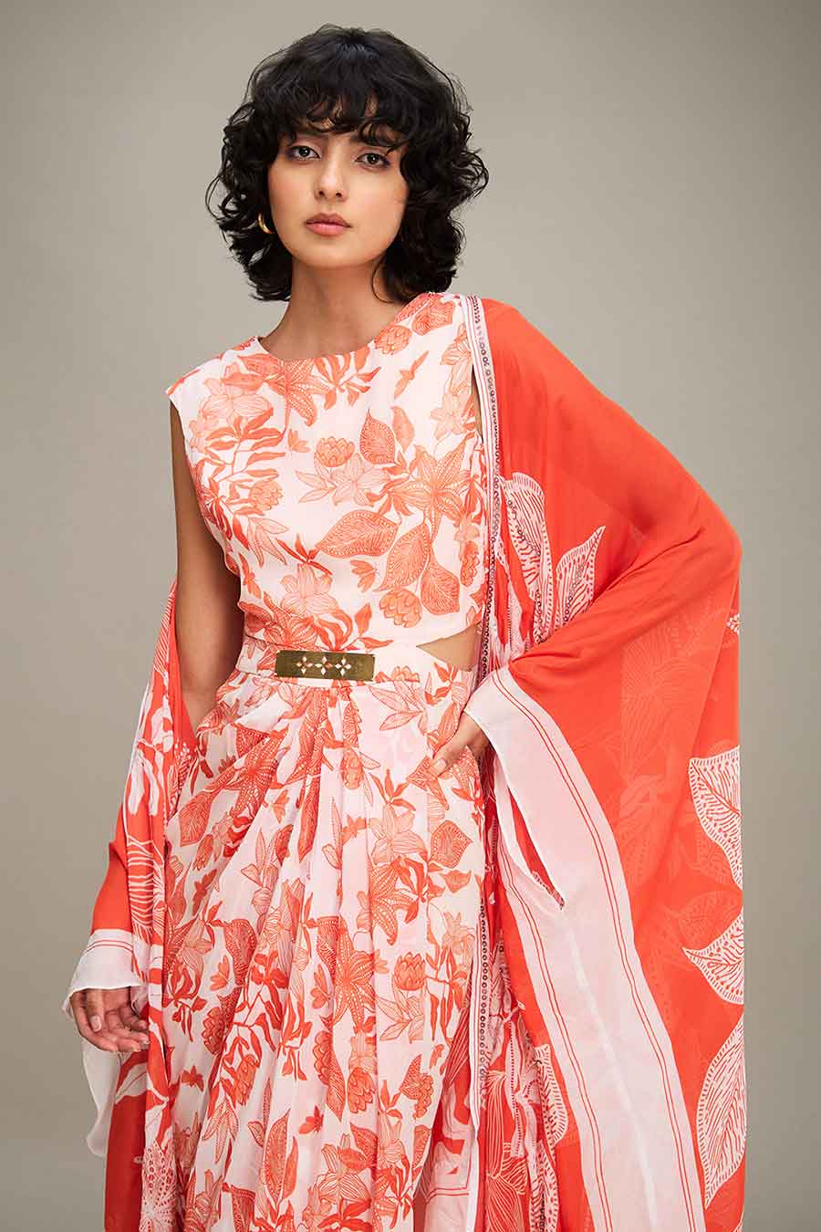 Red Ahyana Printed Drape Dress & Cape Set