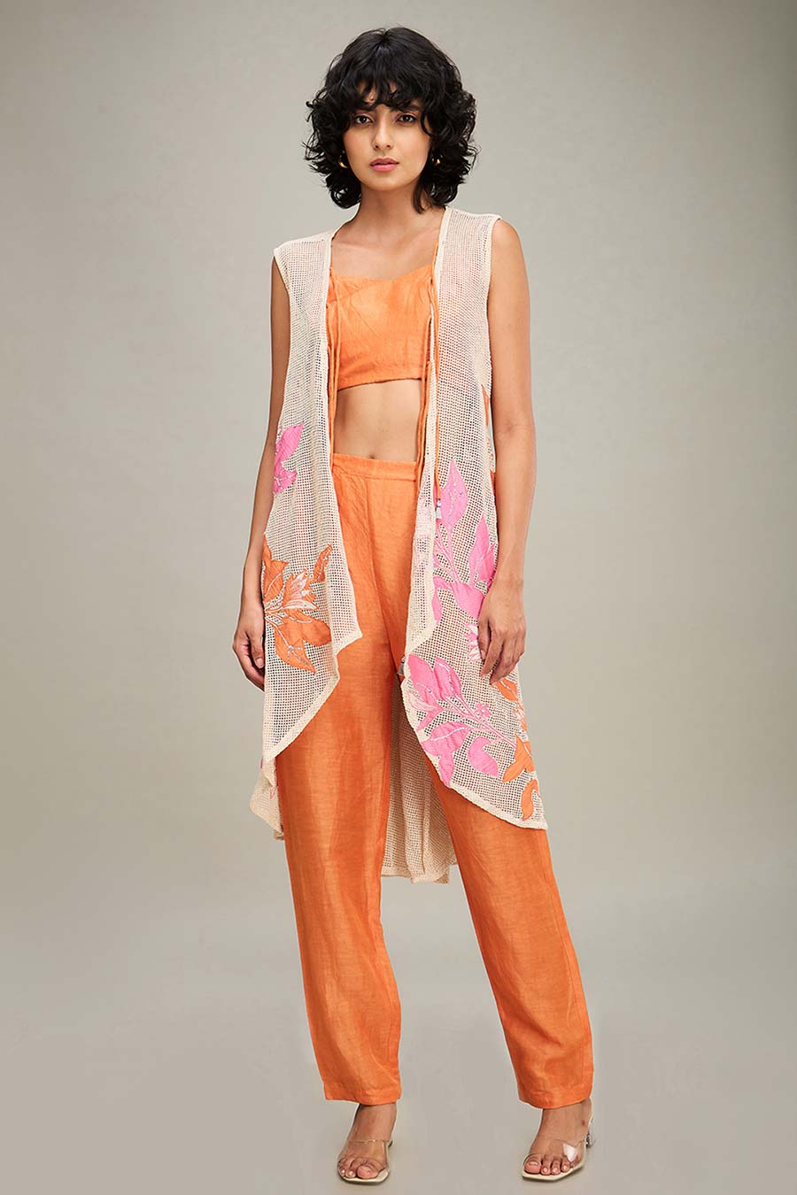 Off-White & Orange Zinnia Applique Co-Ord Set With Cape