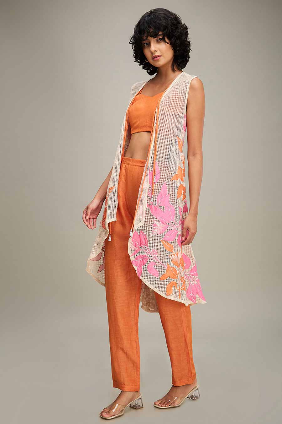 Off-White & Orange Zinnia Applique Co-Ord Set With Cape