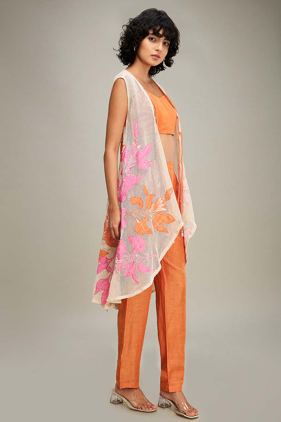 Off-White & Orange Zinnia Applique Co-Ord Set With Cape