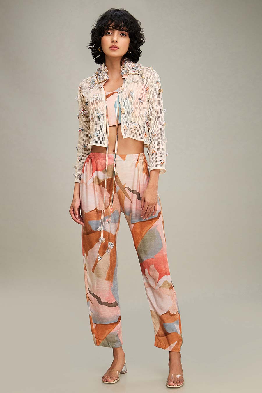 Off-White Printed Co-Ord Set With Embellished Jacket