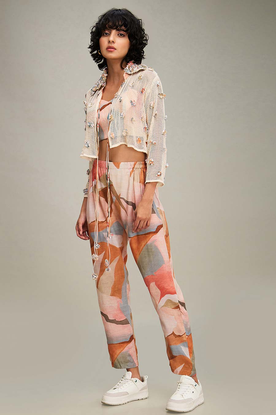 Off-White Printed Co-Ord Set With Embellished Jacket