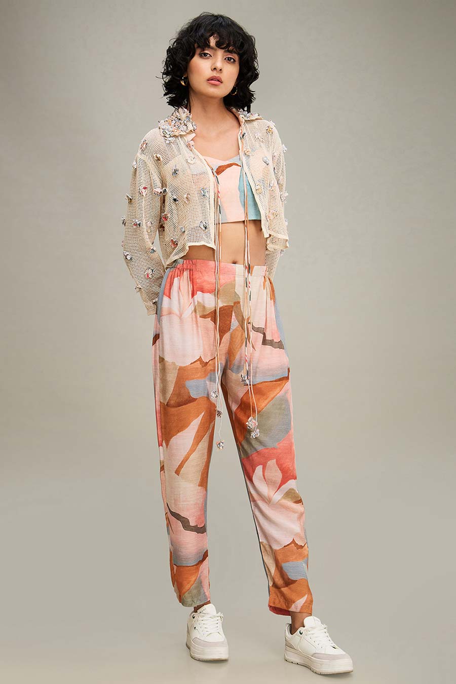 Off-White Printed Co-Ord Set With Embellished Jacket