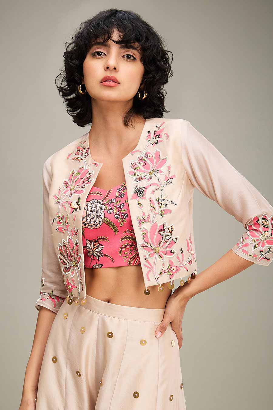 Beige Mehr Applique Bustier & Palazzo Set With Jacket