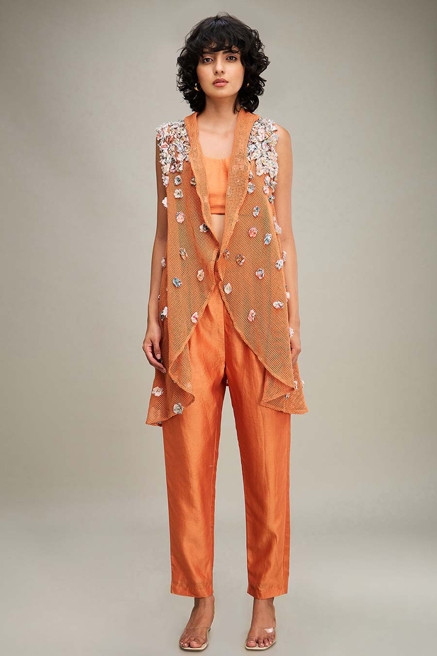 Orange Conversational Co-Ord Set With Embellished Cape