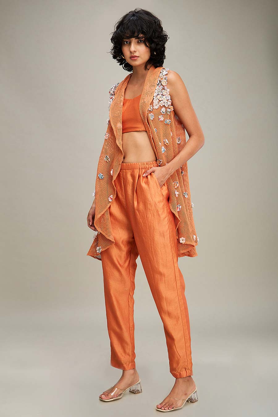 Orange Conversational Co-Ord Set With Embellished Cape