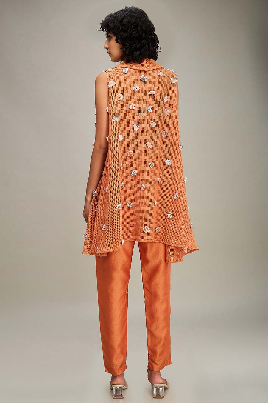 Orange Conversational Co-Ord Set With Embellished Cape