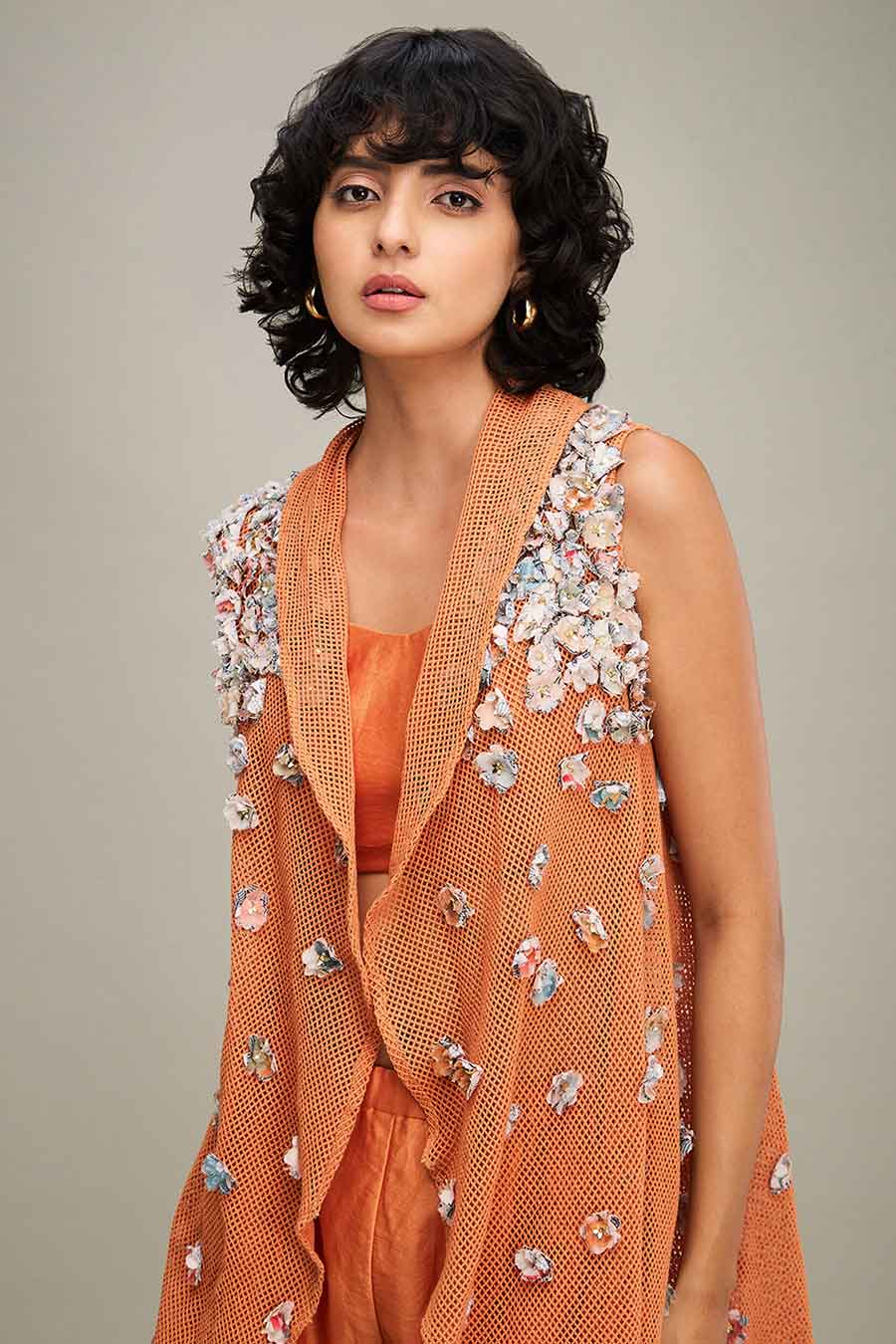 Orange Conversational Co-Ord Set With Embellished Cape