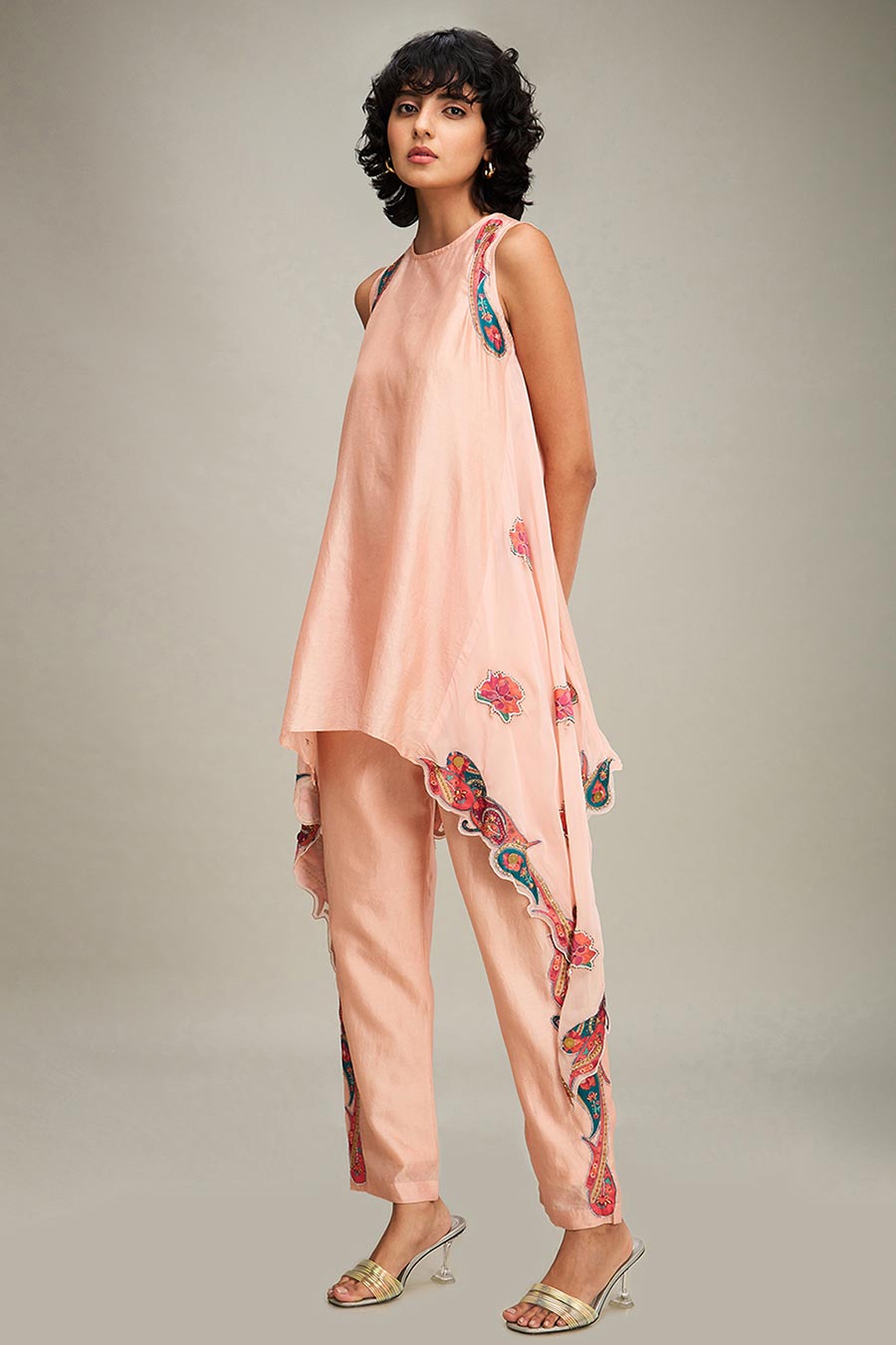 Peach Qala Applique Asymmetric Tunic & Pant Set