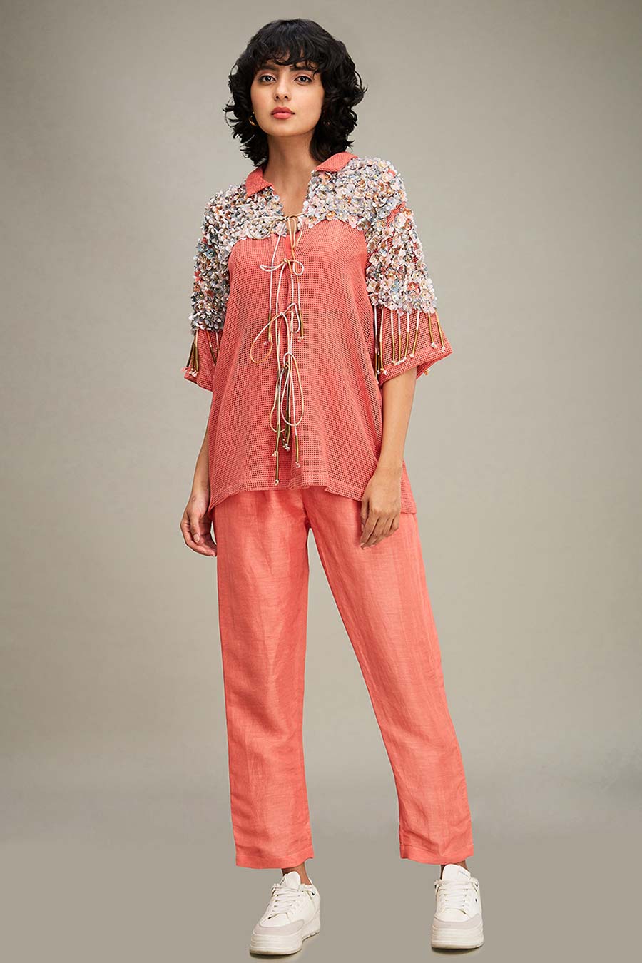 Coral Conversational Co-Ord Set With Embellished Jacket