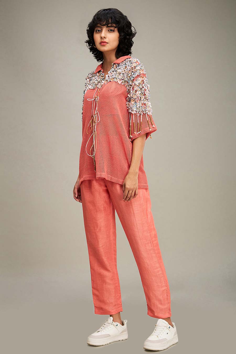 Coral Conversational Co-Ord Set With Embellished Jacket