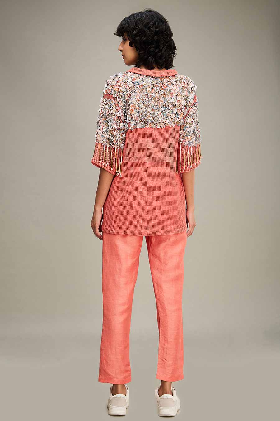 Coral Conversational Co-Ord Set With Embellished Jacket