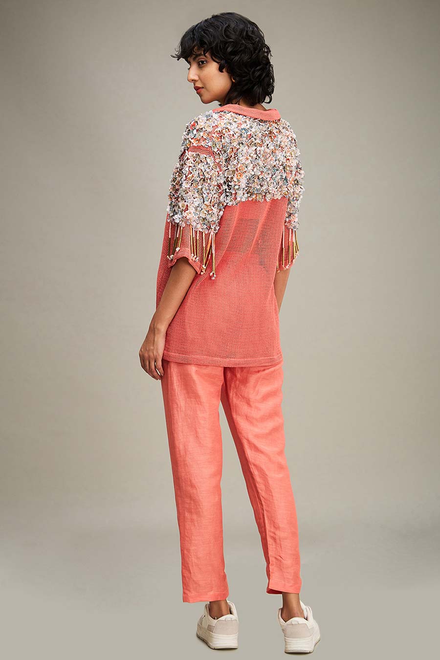 Coral Conversational Co-Ord Set With Embellished Jacket