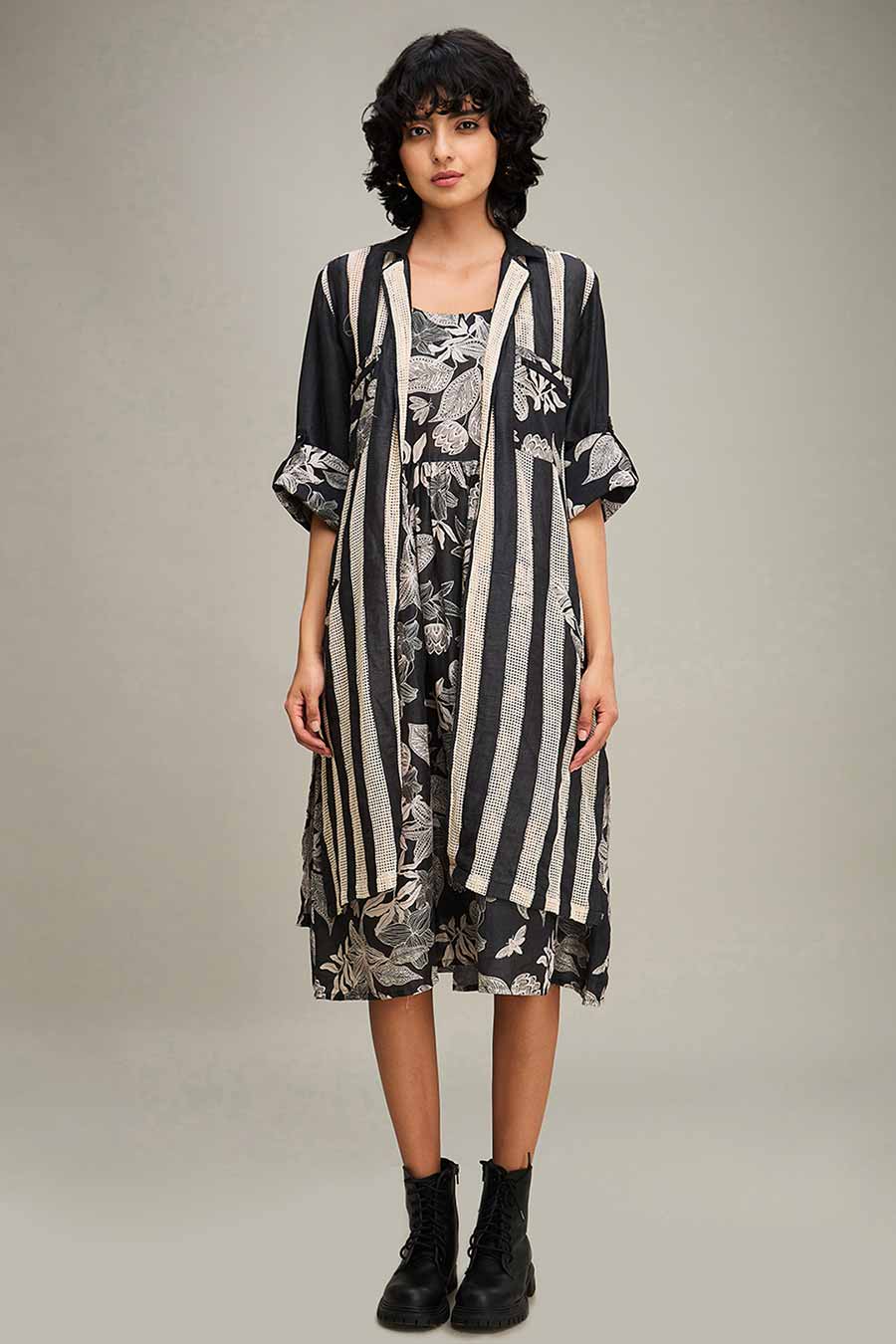 Black Ahyana Printed Long Dress & Jacket Set