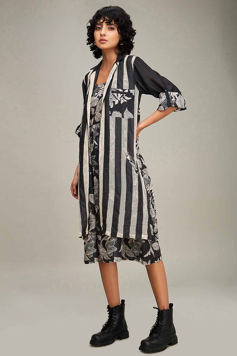 Black Ahyana Printed Long Dress & Jacket Set