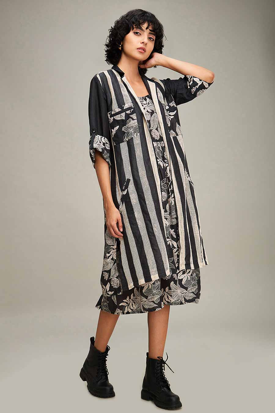 Black Ahyana Printed Long Dress & Jacket Set