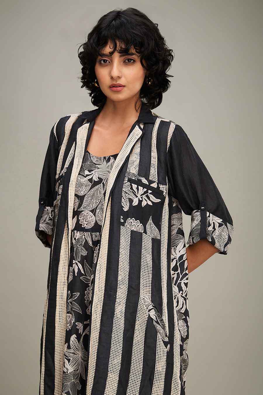 Black Ahyana Printed Long Dress & Jacket Set