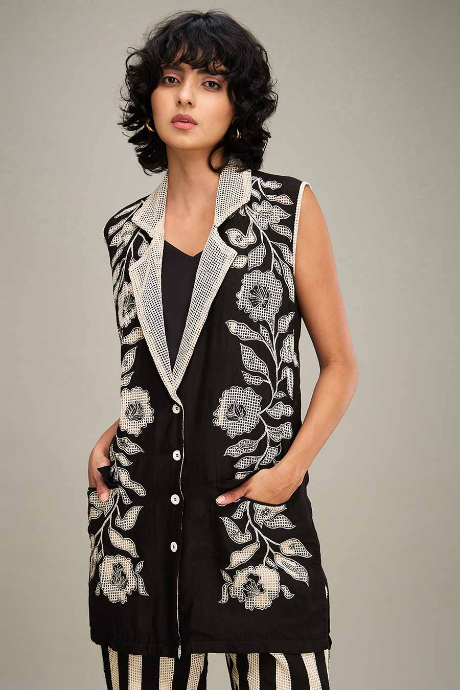 Off-White & Black Zinnia Applique Blazer Top & Pant Set