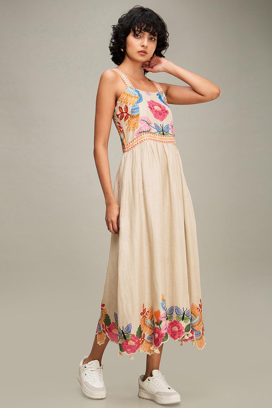 Beige Avian Printed Dress