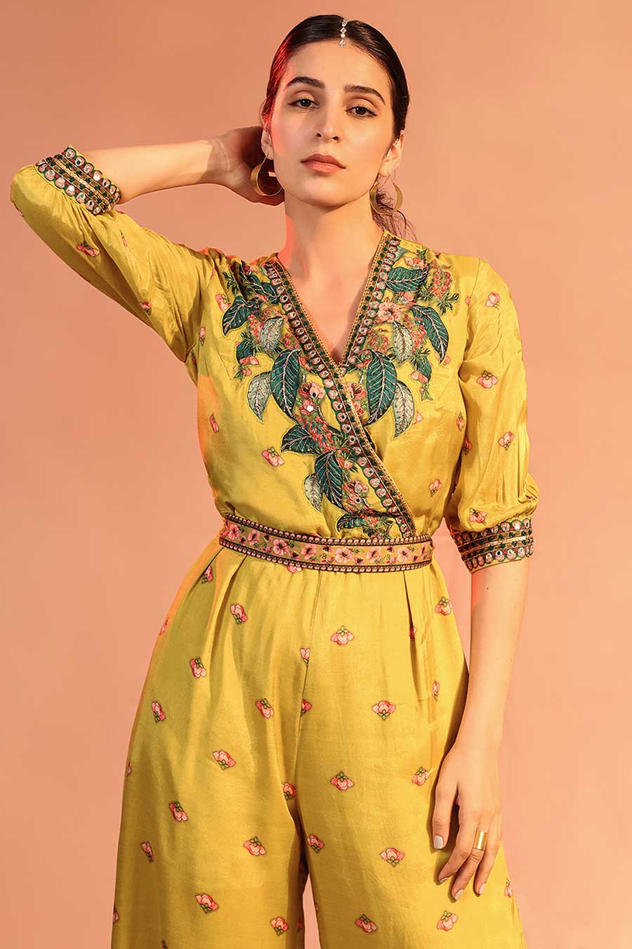 Yellow Tamaya Embellished Overlap Jumpsuit