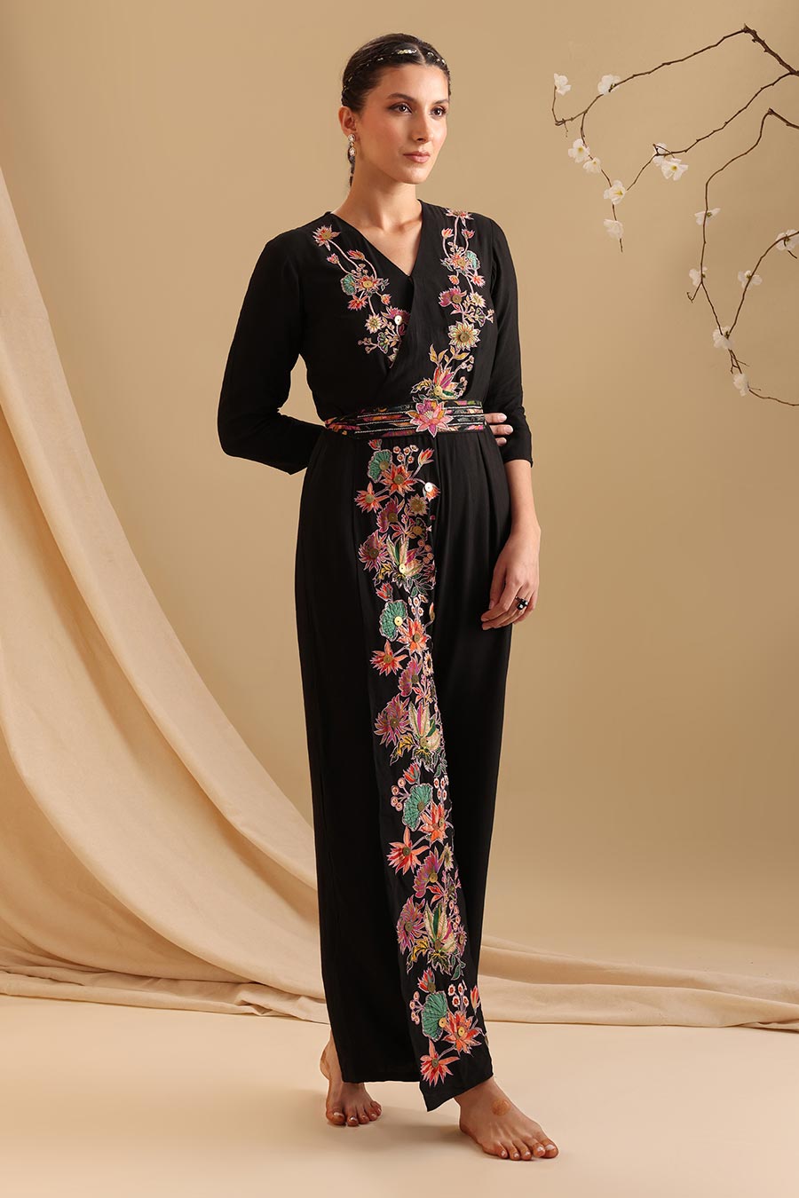 Black Aarani Applique Overlap Jumpsuit