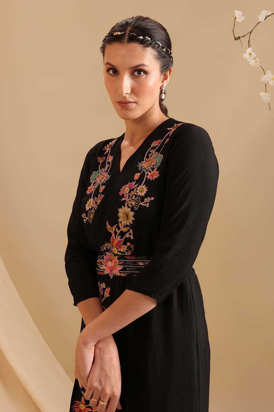 Black Aarani Applique Overlap Jumpsuit