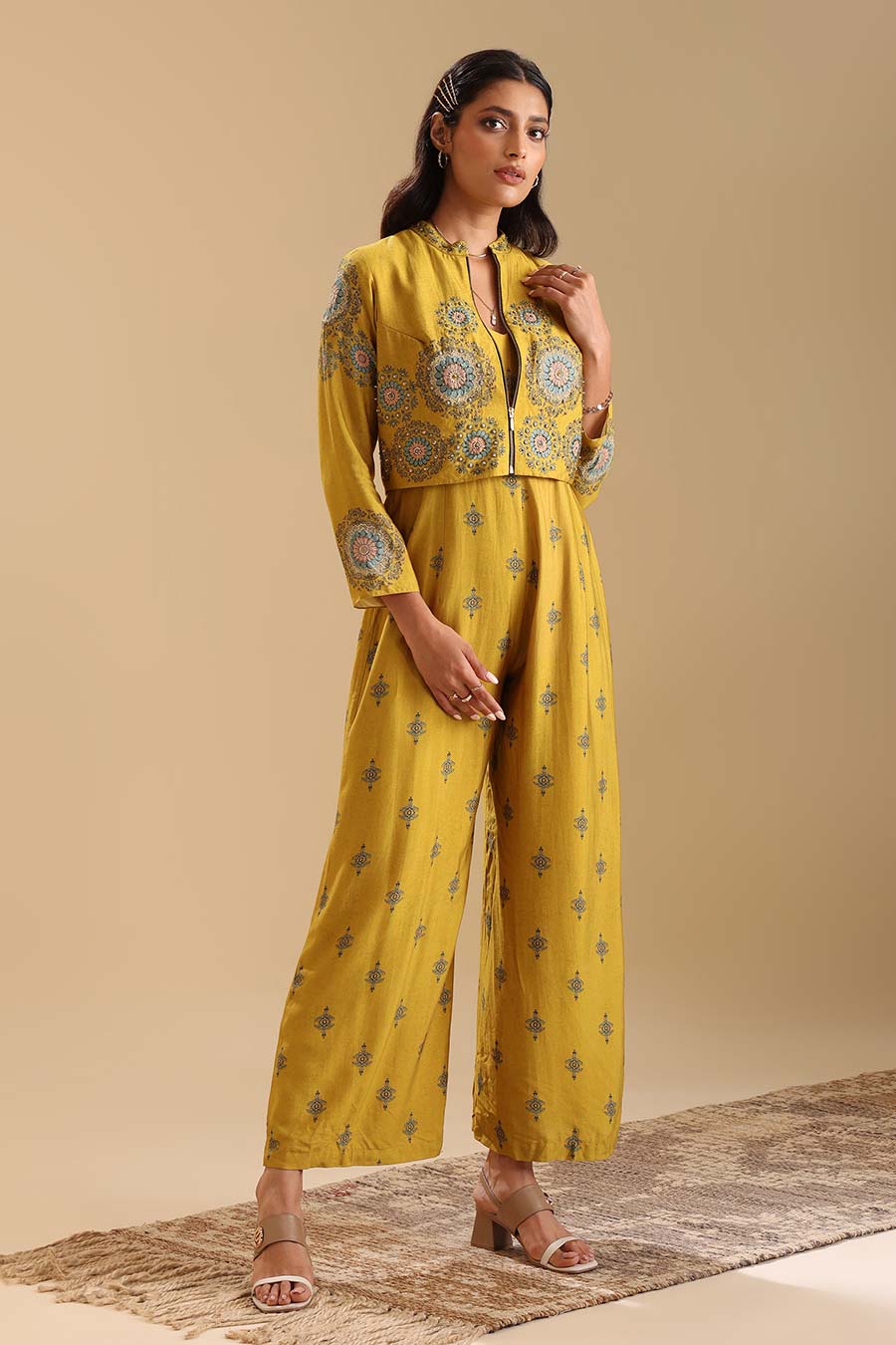 Yellow Eraya Embellished Jumpsuit & Jacket Set