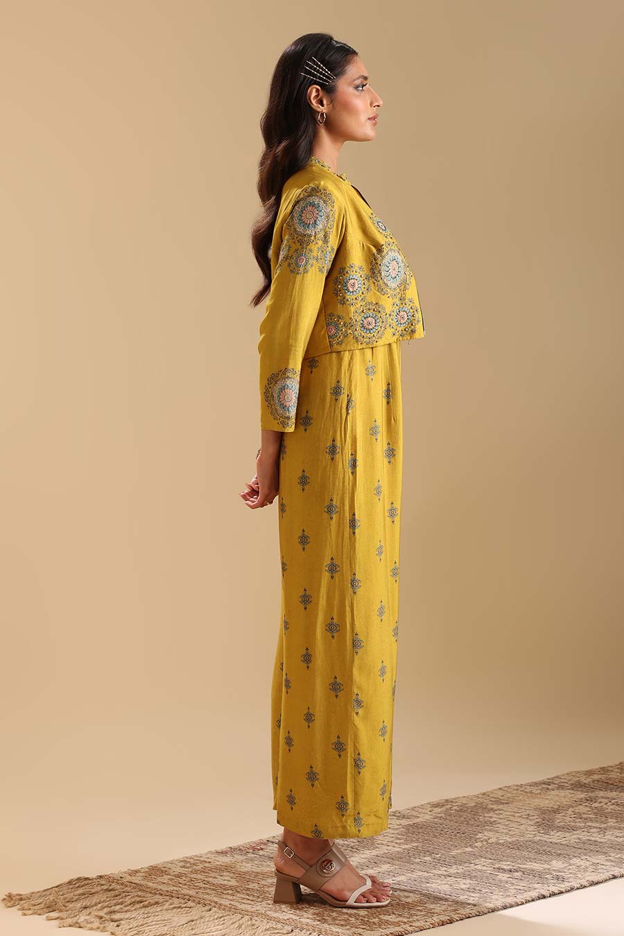 Yellow Eraya Embellished Jumpsuit & Jacket Set