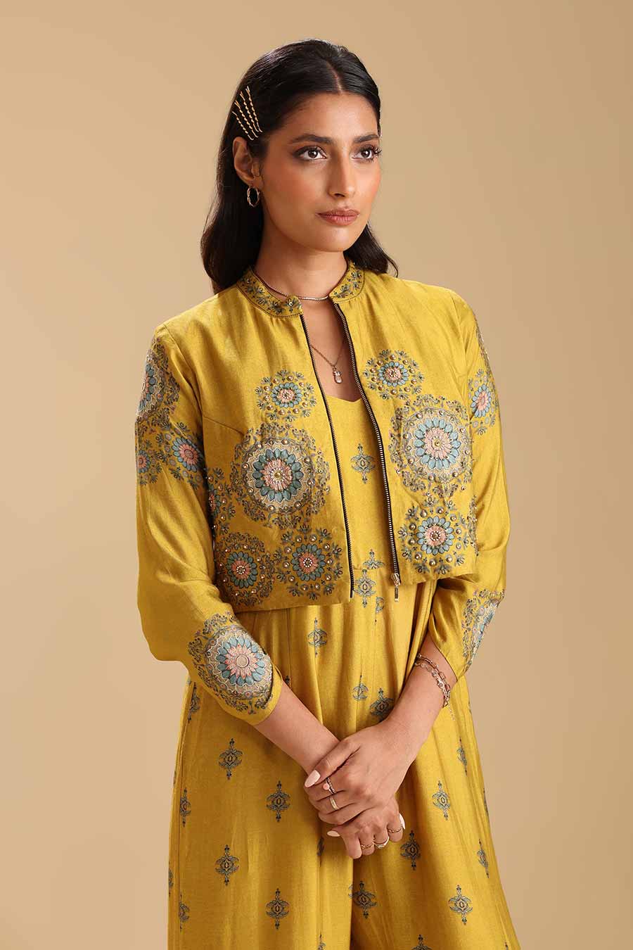 Yellow Eraya Embellished Jumpsuit & Jacket Set