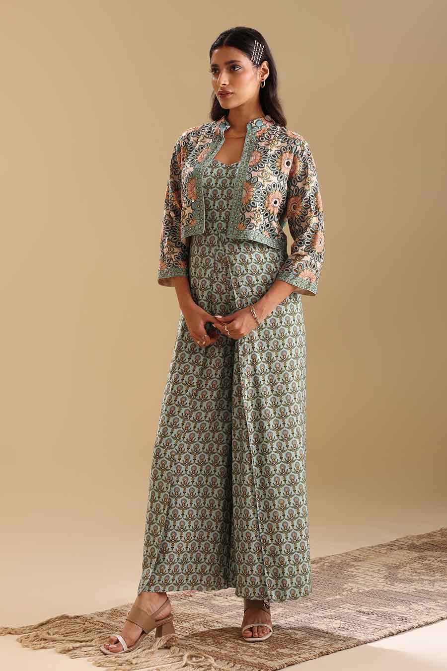 Green Eraya Embellished Jumpsuit & Jacket Set