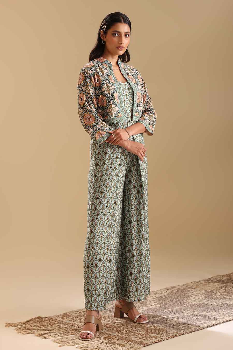 Green Eraya Embellished Jumpsuit & Jacket Set